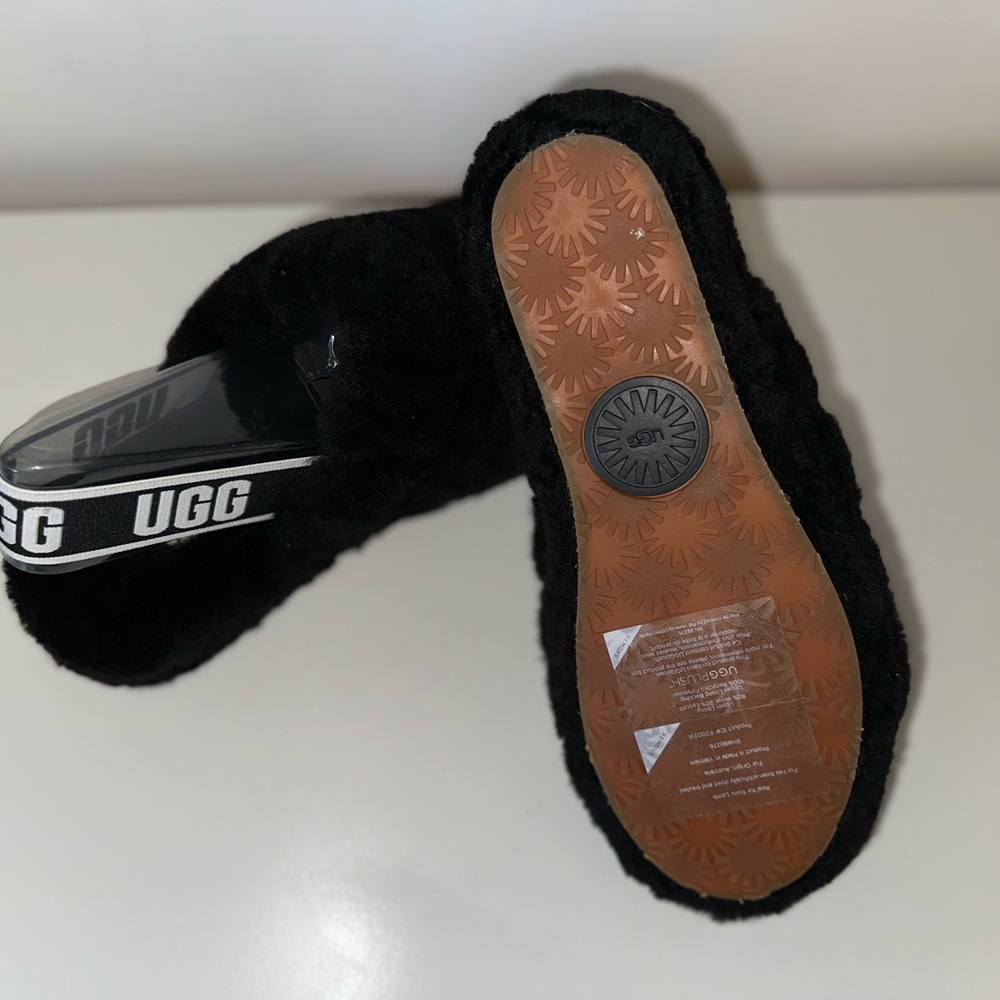 UGG Black Fluffy Slippers with Logo Strap - Picture 2 of 6